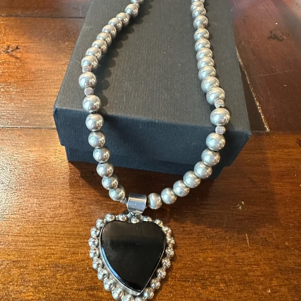 Sterling Silver Beaded Necklace with Black Heart Pendant - Picture 6 of 6